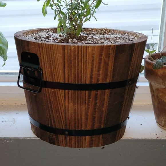 Brand New Set Of 6 Wooden Rustic Barrel planters - Picture 1 of 6